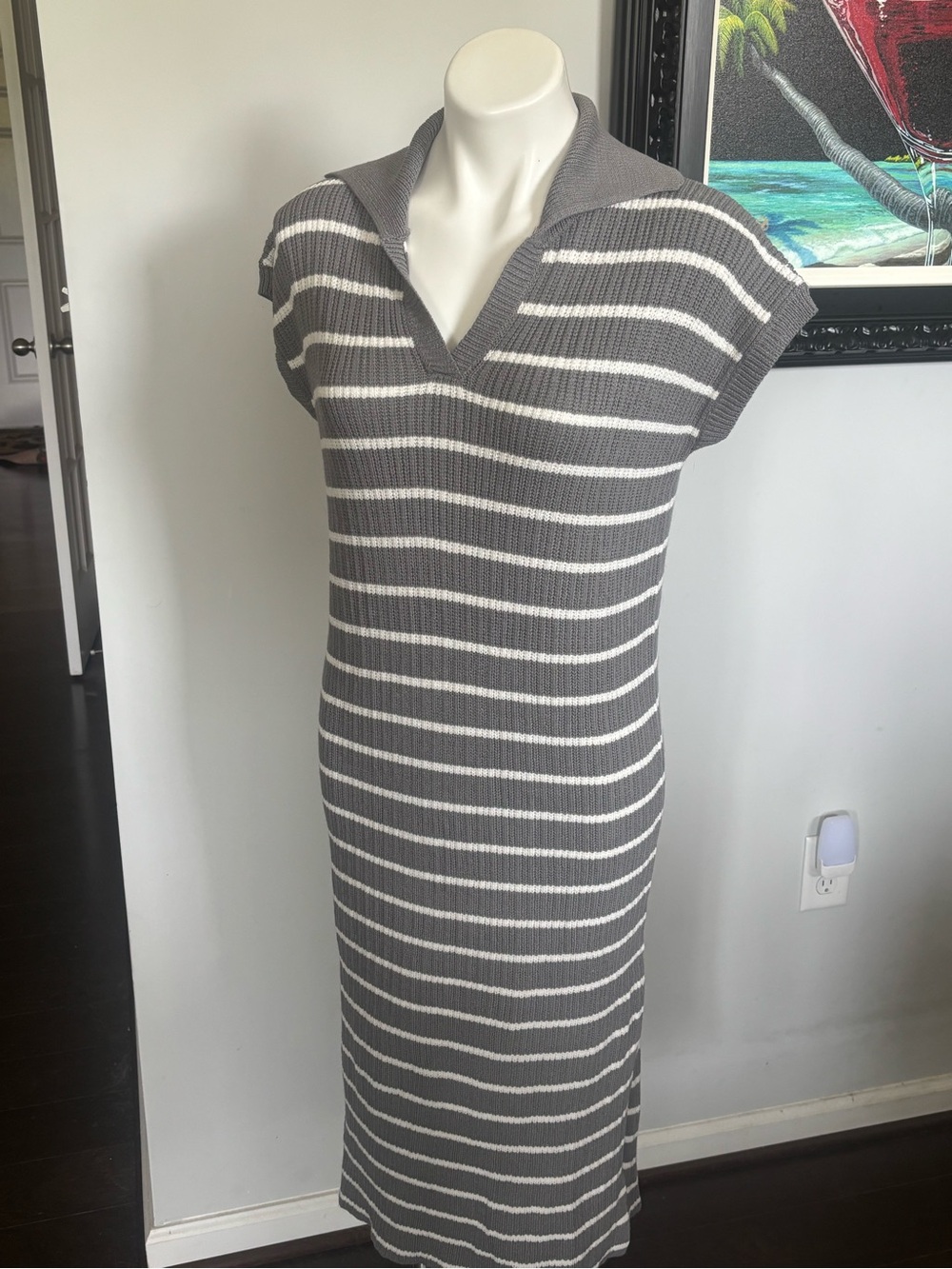 Zesica Gray and White Striped Midi Sweater Dress